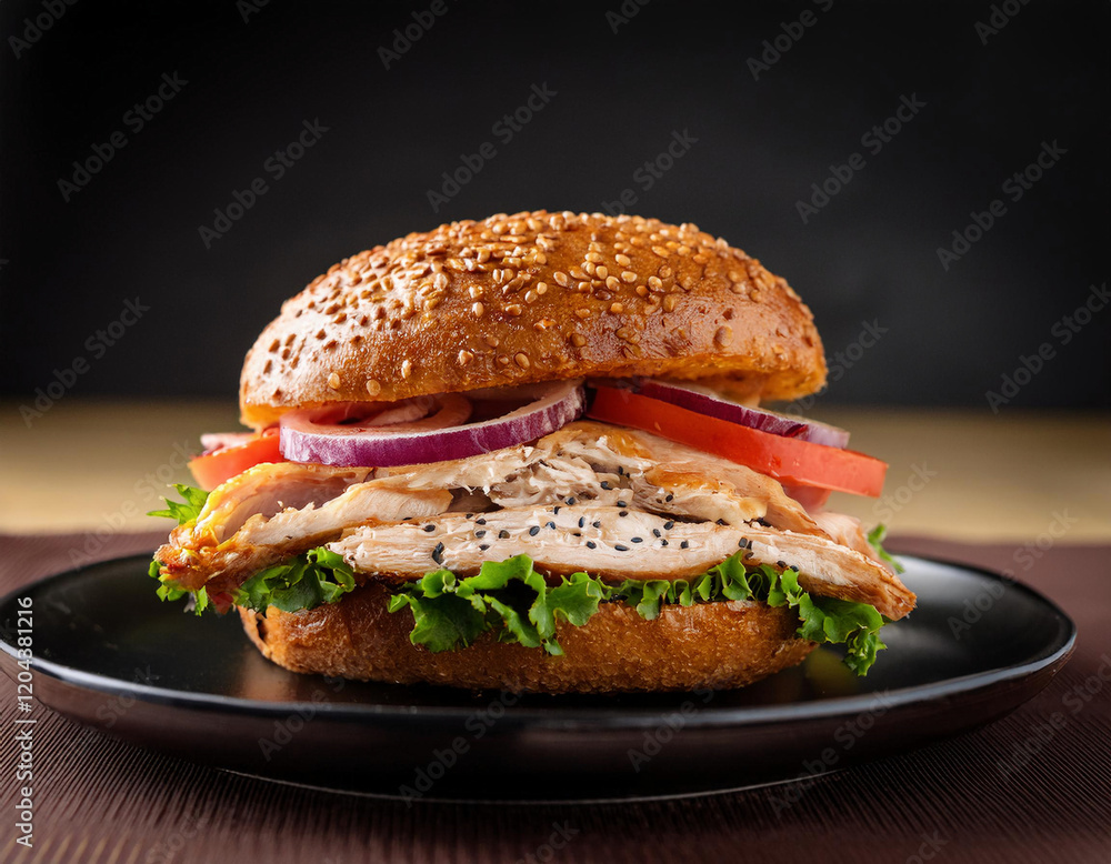 Φωτογραφία A juicy grilled turkey burger topped with fresh lettuce, tomatoes, and red onions is served on a sesame seed bun on a black plate