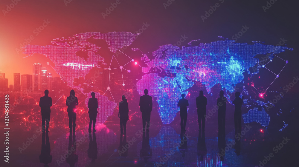 Obraz premium abstract professional business team people innovation connection of line from nail node to node on map background , networking concept