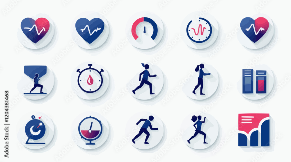 Fototapeta premium containing 15 health and fitness-related icons. Icons include a heart with a heartbeat line, a person lifting weights, running, walking, a stopwatch, books, and a bar chart.