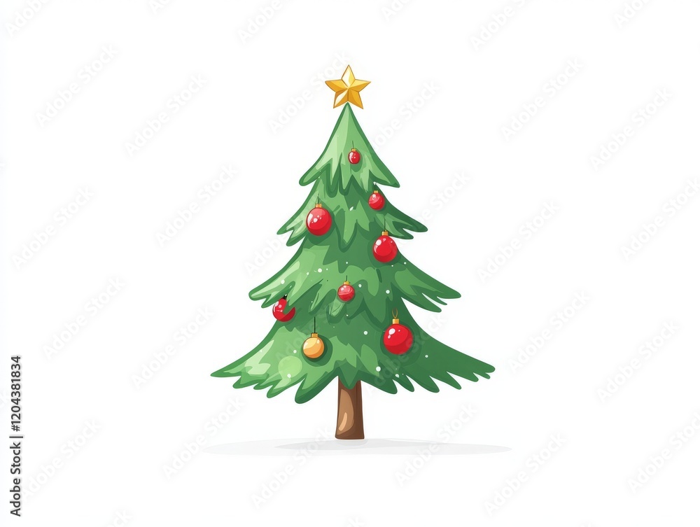 Fototapeta premium Traditional Christmas tree adorned with red and gold ornaments, glowing lights, and a festive star topper for heartwarming holiday illustrations and cheerful seasonal art
