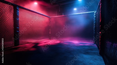 Red and Blue Cage Fight: A dramatic, atmospheric image of an empty octagon cage, illuminated by vibrant red and blue lighting, creating a mood of anticipation and intensity before a fight. photo