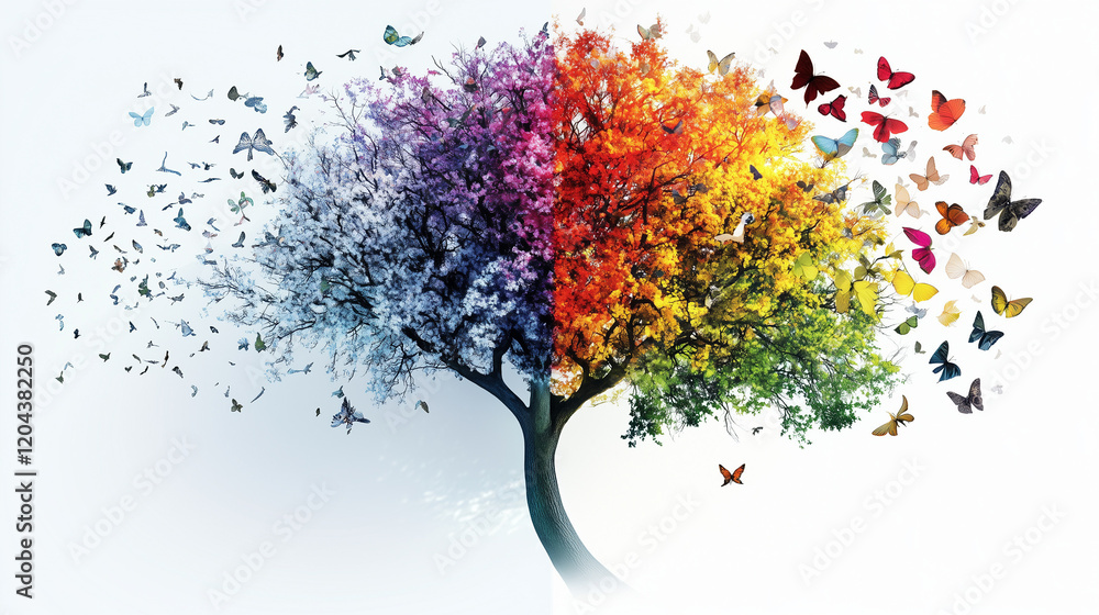 Fototapeta premium Colorful tree transforming with butterflies symbolizing seasonal change