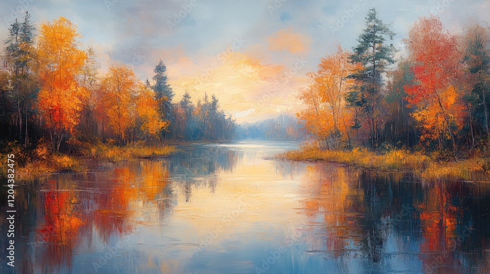 Fototapeta premium Serene autumn landscape with vibrant foliage reflecting in calm waters at sunset, evoking tranquility