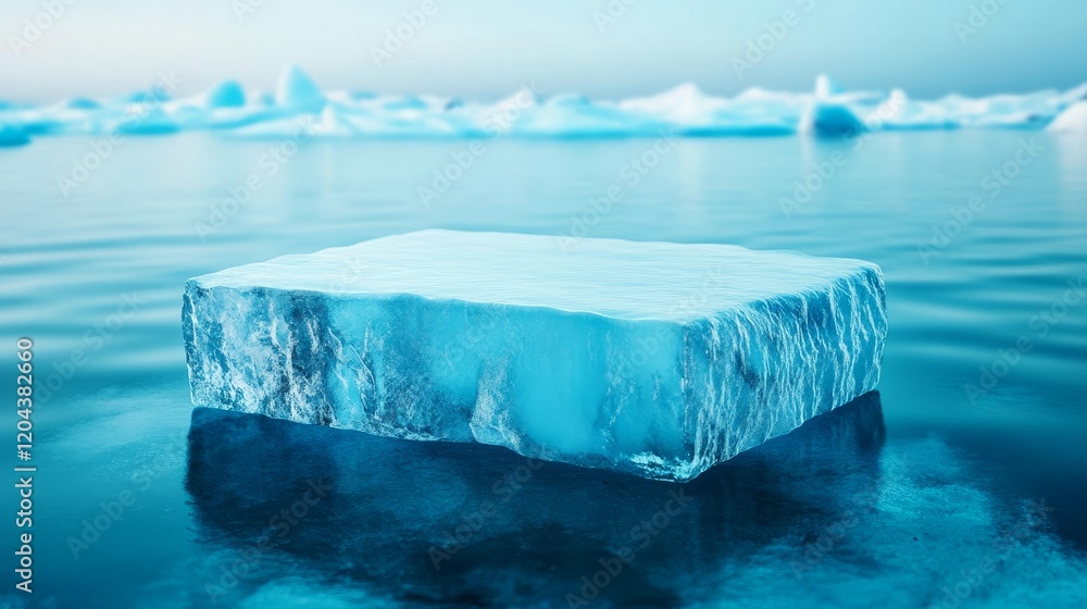 Glacial Ice Floe in Calm Waters - A single, large block of glacial ice floats serenely in calm, blue water, with a background of icebergs. Glacial Ice Floe in Calm Waters - A single, large block of glacial ice floats serenely in calm, blue water, with a background of icebergs.