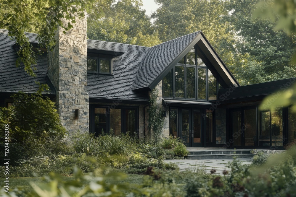 Beautiful modern house surrounded by lush greenery in a tranquil setting showcasing architectural elegance and nature integration at sunset Beautiful modern house surrounded by lush greenery in a tranquil setting showcasing architectural elegance and nature integration at sunset