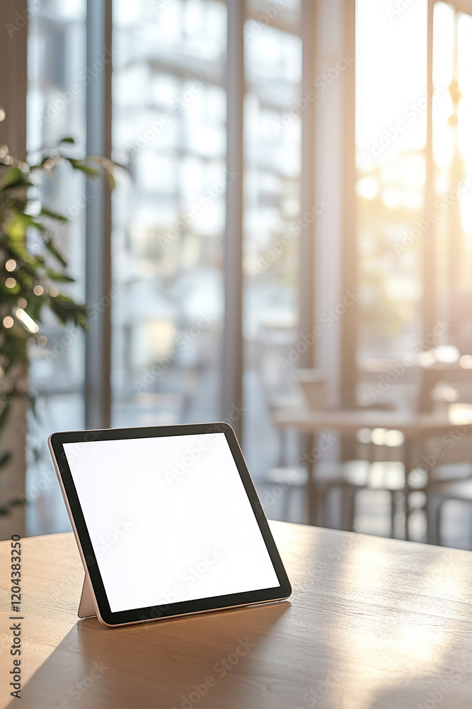 Tablet with blank screen on a table in a modern office with sunlight streaming through the windows Tablet with blank screen on a table in a modern office with sunlight streaming through the windows
