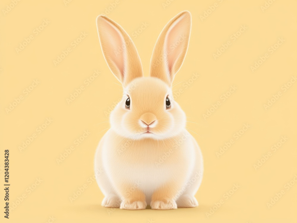 Obraz premium Soft cream colored bunny with alert ears, gazing forward on a pastel yellow background, showcasing a gentle expression and serene mood for springtime themed designs