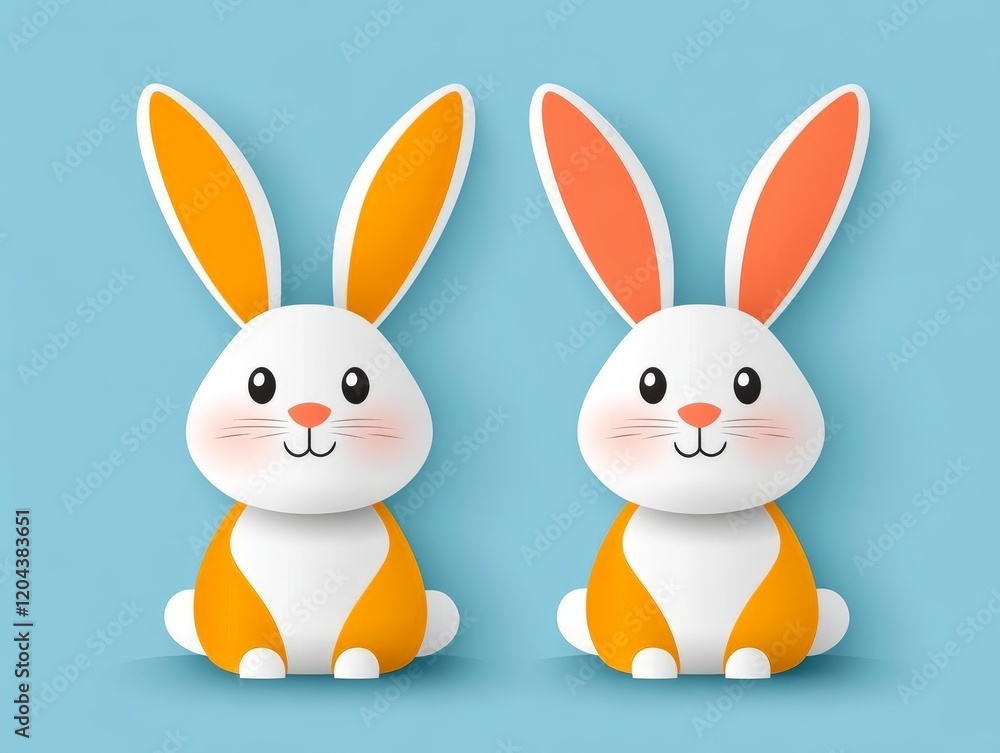 Fototapeta premium Pair of smiling orange and white bunnies with cheerful expressions, standing on a light blue background, showcasing playful friendship and joyful seasonal themes