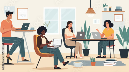 Modern office setting with four individuals working on laptops, surrounded by plants and organized decor, including a hanging light and a bookshelf, promoting a productive work environment