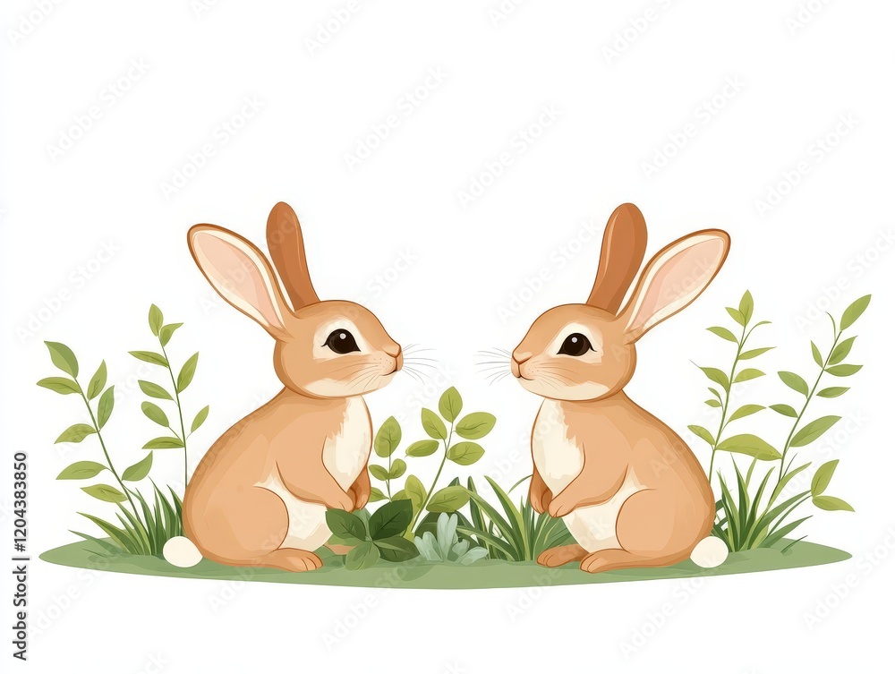 Fototapeta premium Two adorable rabbits sitting side by side among leafy greenery, symbolizing friendship, nature, and harmony in a peaceful springtime illustration