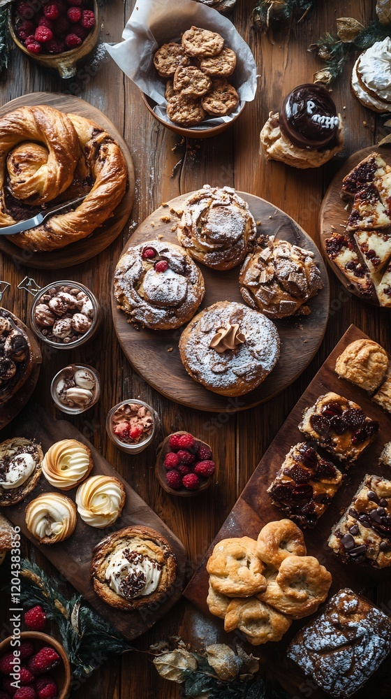 Warm light illuminates delicious pastries arranged artfully. AI Generated Warm light illuminates delicious pastries arranged artfully. AI Generated