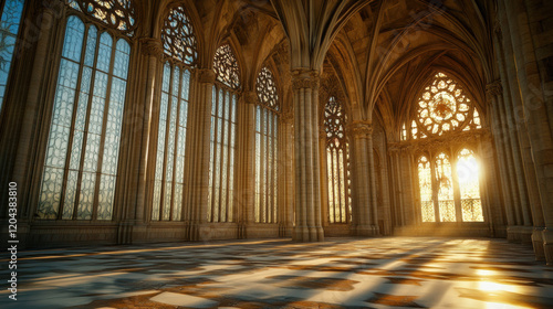 Gothic architecture  A photorealistic rendering of flying buttresses  indicating high fidelity and enhanced detail in a visually striking architectural image.