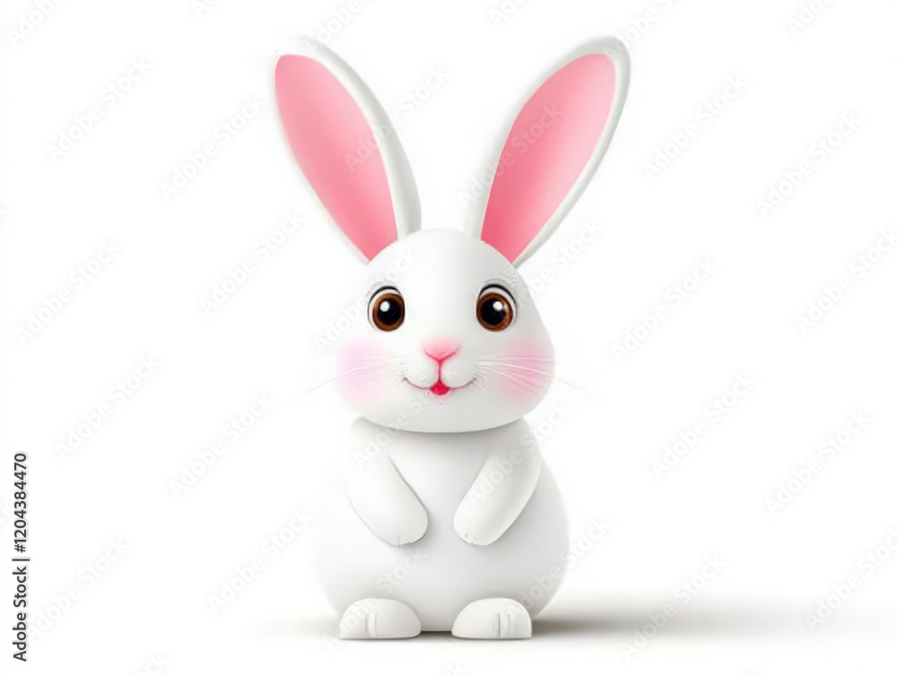 Fototapeta premium Charming white bunny with pink ears sitting upright against a neutral background, showcasing a minimalist and elegant design, ideal for serene animal illustrations or Easter visuals