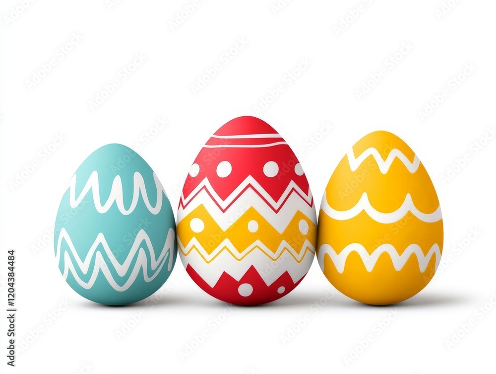 Vibrant arrangement of three decorative Easter eggs with intricate patterns and pastel colors, set against a seamless white background, perfect for festive illustrations or spring decor Vibrant arrangement of three decorative Easter eggs with intricate patterns and pastel colors, set against a seamless white background, perfect for festive illustrations or spring decor