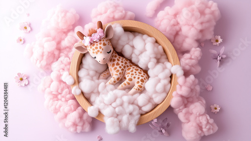 A cute giraffe toy sleeps in fluffy pink clouds very softly.