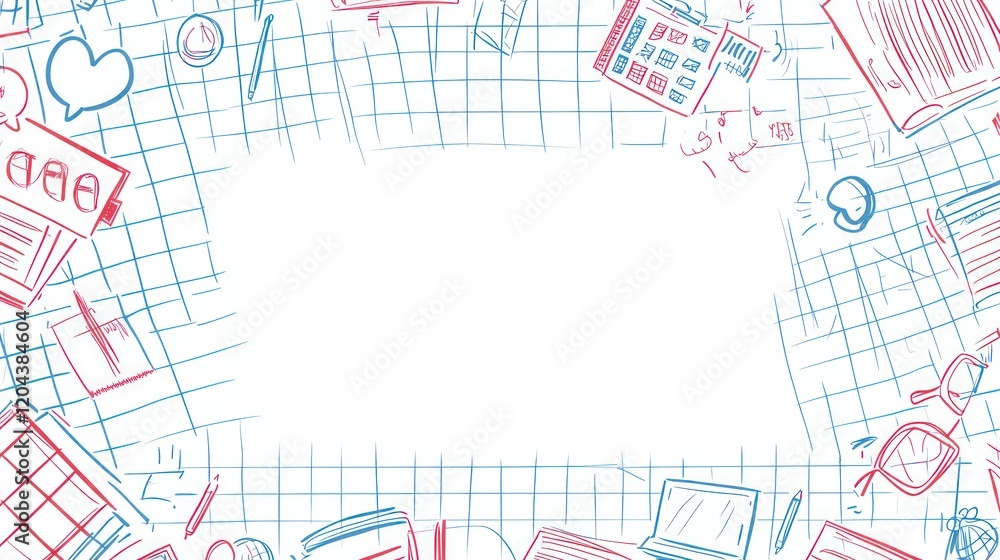 Obraz premium Student's workspace; notebook doodles frame; study background; education design template