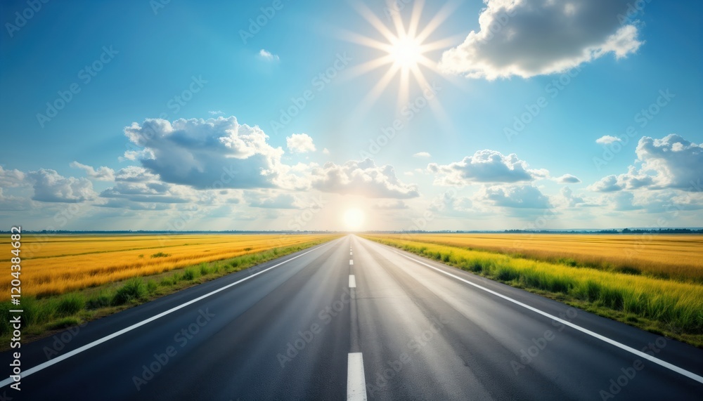 Naklejka premium Empty asphalt road stretches into golden field under sunny sky. Beautiful landscape photo shows wide road with vibrant yellow fields on both sides. Travel destination business concept image. Perfect