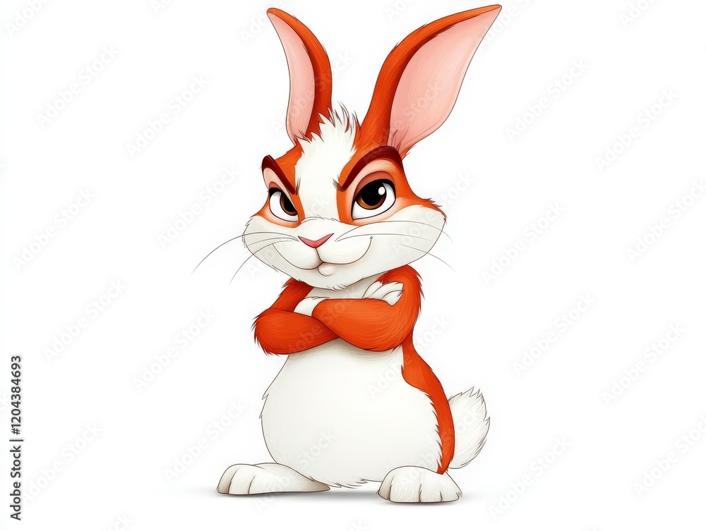Fototapeta premium Mischievous cartoon bunny with a sly grin and crossed arms, showcasing playful and humorous character design, ideal for children’s stories, animated themes, or fun graphic illustrations