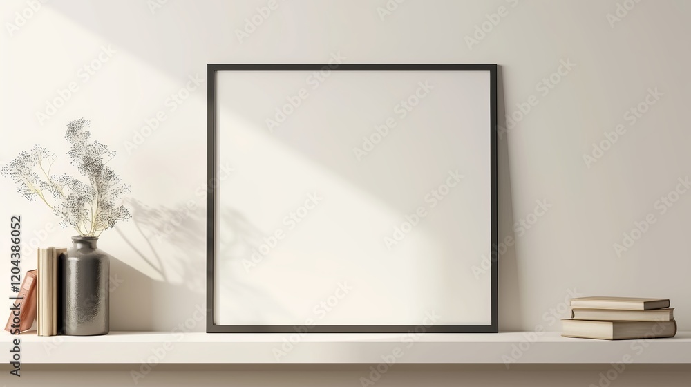 A large black frame mockup leaning against the wall on an empty white shelf, with a blank picture inside. A large black frame mockup leaning against the wall on an empty white shelf, with a blank picture inside.