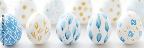 Close-up view of beautifully painted Easter eggs featuring floral patterns and soft watercolor design against a natural backdrop photo