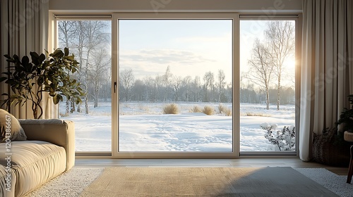 A cozy patio door with sliding functionality, framed by a serene winter landscape outside, creating a peaceful home retreat.