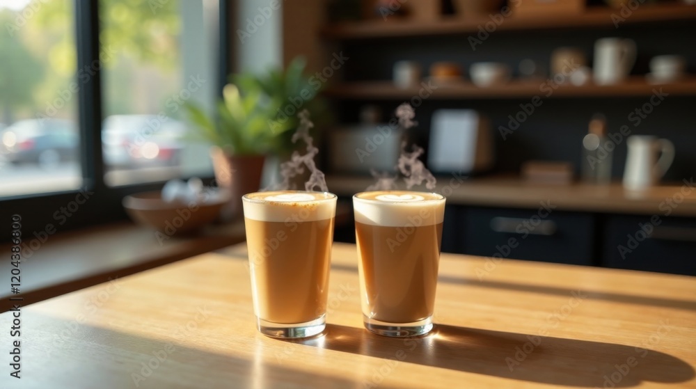 Two steaming cups of latte art coffee on a wooden table in sunlight near a window Two steaming cups of latte art coffee on a wooden table in sunlight near a window