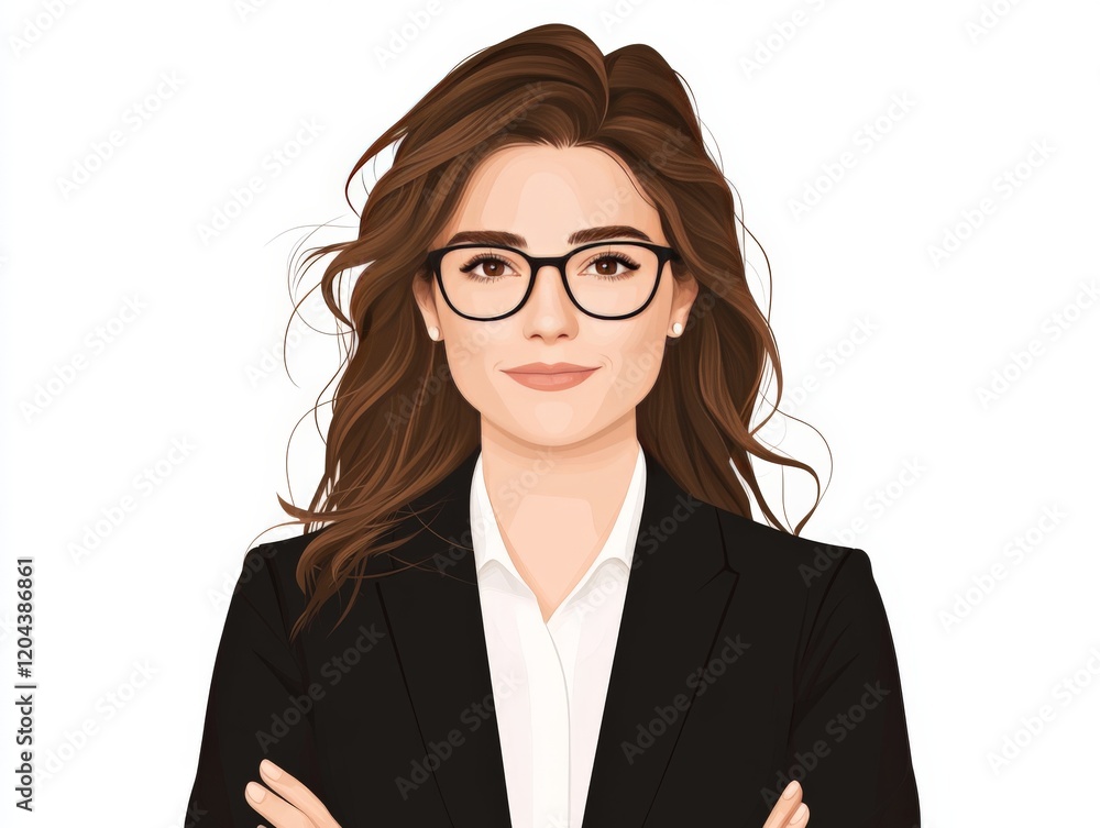 Professional woman in glasses and a blazer smiling against a clean white background, representing business confidence, intellectual charm, and professional elegance in vector illustration Professional woman in glasses and a blazer smiling against a clean white background, representing business confidence, intellectual charm, and professional elegance in vector illustration