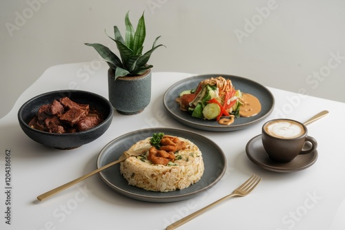 A Delicious Asian-Inspired Meal:  Fried Rice, Beef Stew, Salad, and Coffee