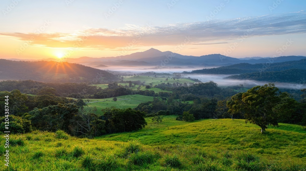 Obraz premium Sunrise over misty valley, green hills, scenic landscape, idyllic rural view, travel photography