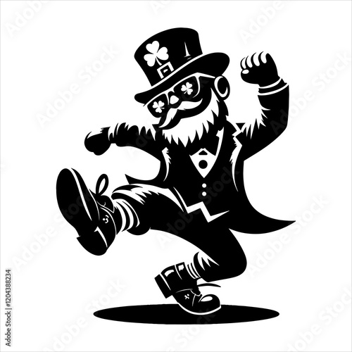 Leprechaun Dance wearing sunglasses, Saint Patrick's Day silhouette style, black and white vector art, minimalist, isolated on white background