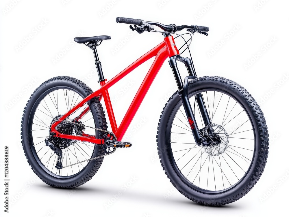 High performance mountain bike with a sleek red frame, rugged tires, and advanced suspension system designed for outdoor adventures and trail riding, showcased in a dynamic stock photo High performance mountain bike with a sleek red frame, rugged tires, and advanced suspension system designed for outdoor adventures and trail riding, showcased in a dynamic stock photo