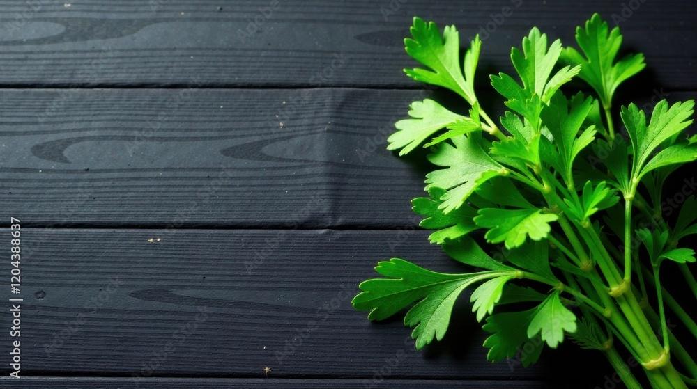 Vibrant Green Parsley Sprigs on Dark Wooden Surface, Perfect for Culinary or Herbal Backgrounds Vibrant Green Parsley Sprigs on Dark Wooden Surface, Perfect for Culinary or Herbal Backgrounds