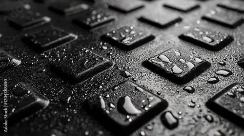 Water droplets on black textured surface.