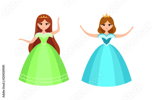 Quinceanera princess character. Young girl in a fluffy dress with a crown.