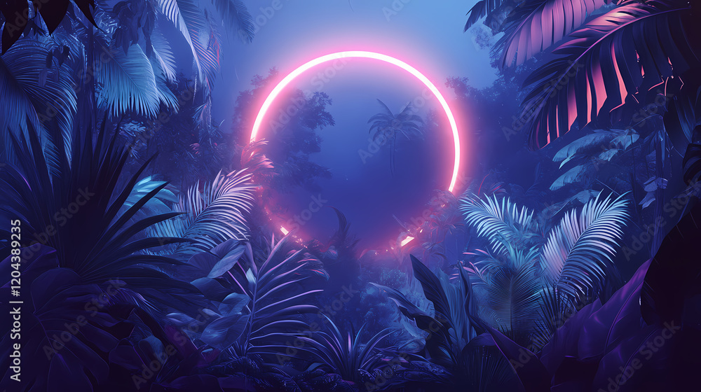 Neon light circle in the jungle. Neon Jungle. Illustration Neon light circle in the jungle. Neon Jungle. Illustration