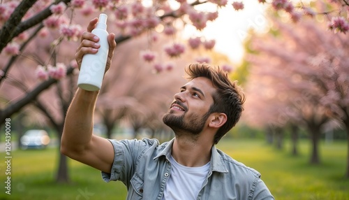Young man with seasonal allergy holding an antihistamine spray in a blooming cherry blossom park
