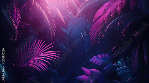 Fototapeta Naklejka Na Ścianę i Meble -  Tropical glowing neon frame. dark night jungle palm leaves. summer background design. Neon Jungle. Illustration