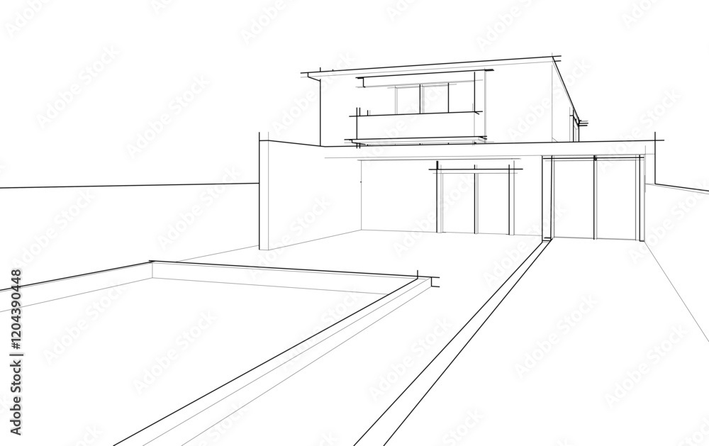 Architectural sketch of modern building vector 3d illustration Architectural sketch of modern building vector 3d illustration