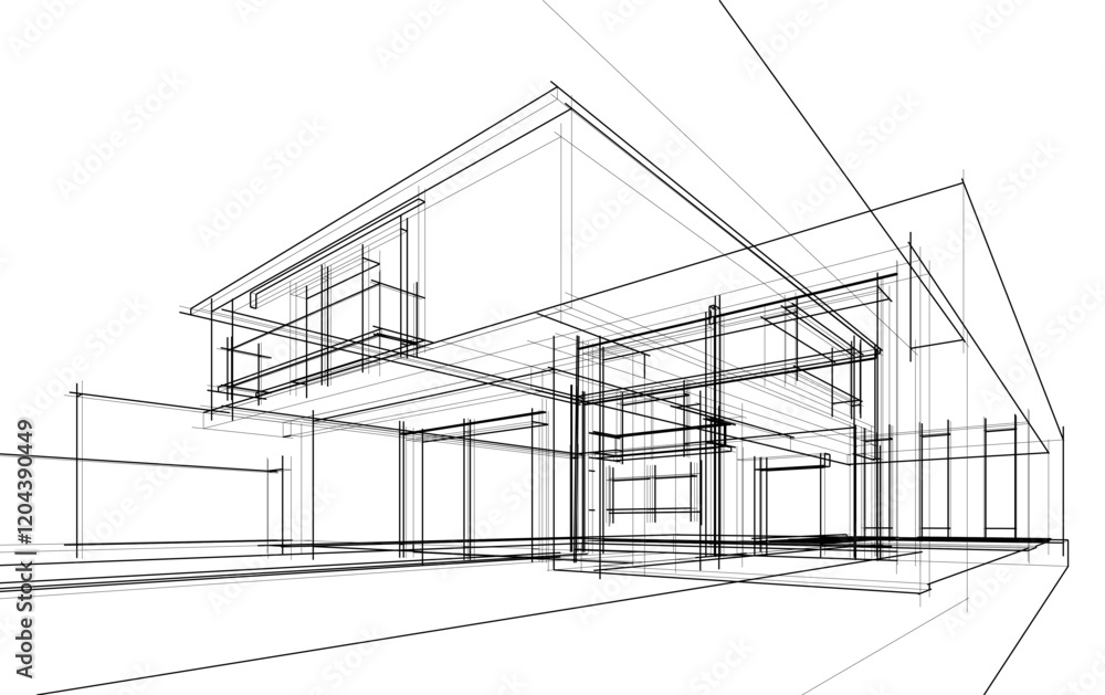 Architectural sketch of modern building vector 3d illustration Architectural sketch of modern building vector 3d illustration