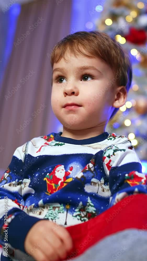 Adorable Caucasian baby pulls a candy from Christmas stocking. Low angle view. Christmas tree at backdrop. Vertical video Adorable Caucasian baby pulls a candy from Christmas stocking. Low angle view. Christmas tree at backdrop. Vertical video