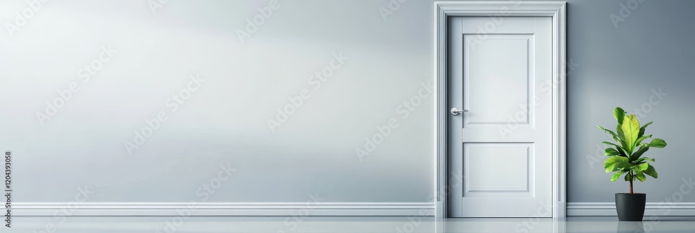 White Door and Plant in Minimalist Room - A simple image of a white interior door, a potted plant, and a light grey wall. Ideal for home decor, real estate, or minimalist design projects. White Door and Plant in Minimalist Room - A simple image of a white interior door, a potted plant, and a light grey wall. Ideal for home decor, real estate, or minimalist design projects.