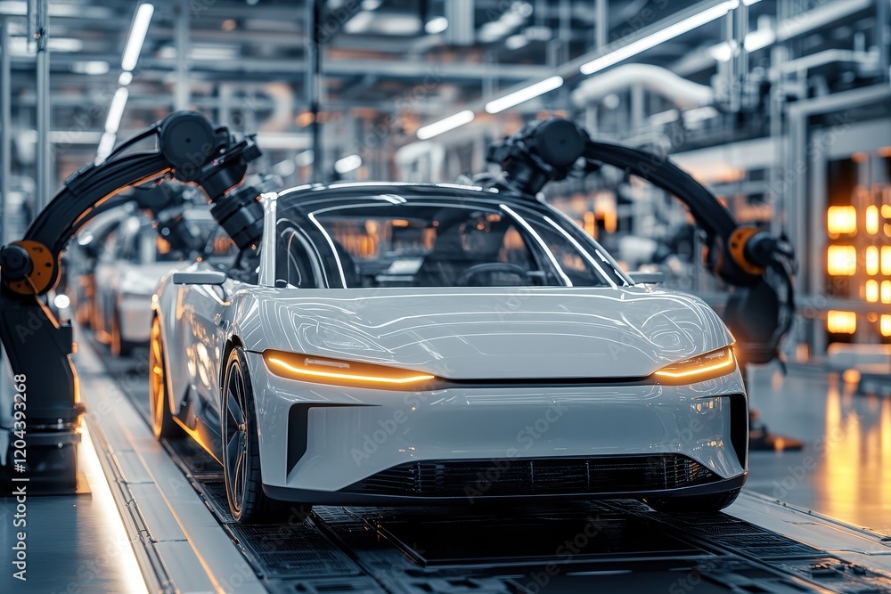 A modern electric car moving through an advanced production line in a high-tech automotive factory A modern electric car moving through an advanced production line in a high-tech automotive factory