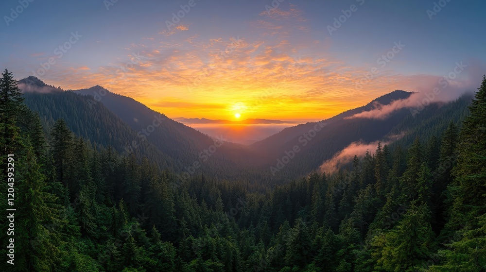 Obraz premium Mountain sunset panorama, valley view, clouds, forest. Use travel brochure