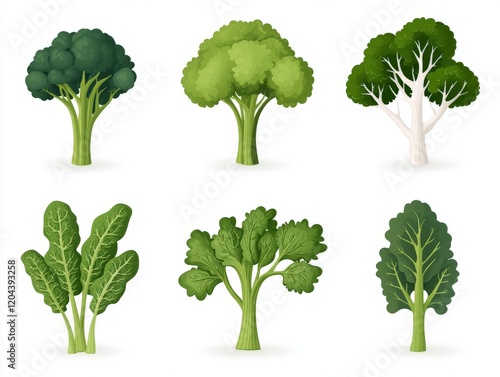 Minimalist display of broccoli and leafy greens showcasing various stages of growth and textures, perfect for eco friendly themes, nutrition concepts, and agricultural education photo