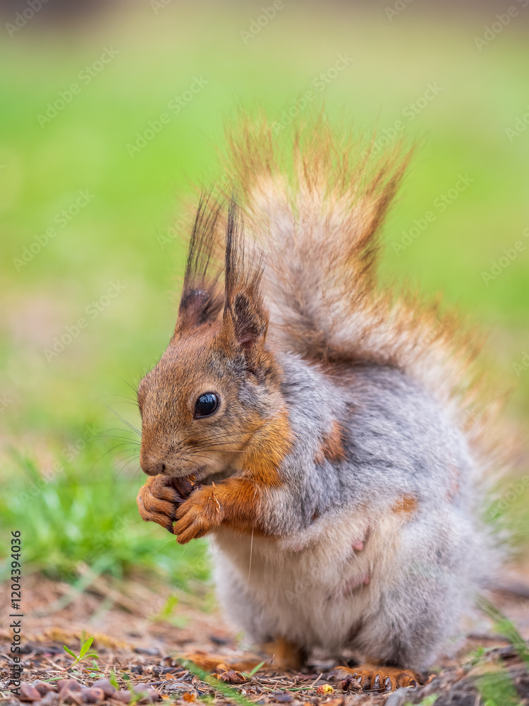 Squirrel eats a nut while sitting in green grass. Eurasian red squirrel, Sciurus vulgaris Squirrel eats a nut while sitting in green grass. Eurasian red squirrel, Sciurus vulgaris