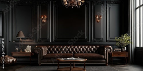 Dark luxurious interior, leather chesterfield sofa, wood paneled walls, ornate chandelier, sconce lighting, framed artwork, moody atmosphere, rich colors, vintage style, elegant decor, high-end furnit photo