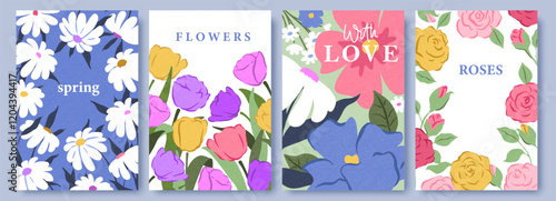 Spring flowers. 8 March, womens day, mother's day holiday cards set. Bright colorful botanical background, pattern. Roses, tulips, field flowers.