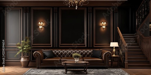 Dark luxurious interior, leather chesterfield sofa, wood paneled walls, ornate chandelier, sconce lighting, framed artwork, moody atmosphere, rich colors, vintage style, elegant decor, high-end furnit photo