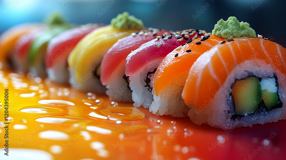 Colorful Sushi Rolls Arranged on a Vibrant Plate Showcasing Fresh Ingredients and Artistic Presentation Colorful Sushi Rolls Arranged on a Vibrant Plate Showcasing Fresh Ingredients and Artistic Presentation