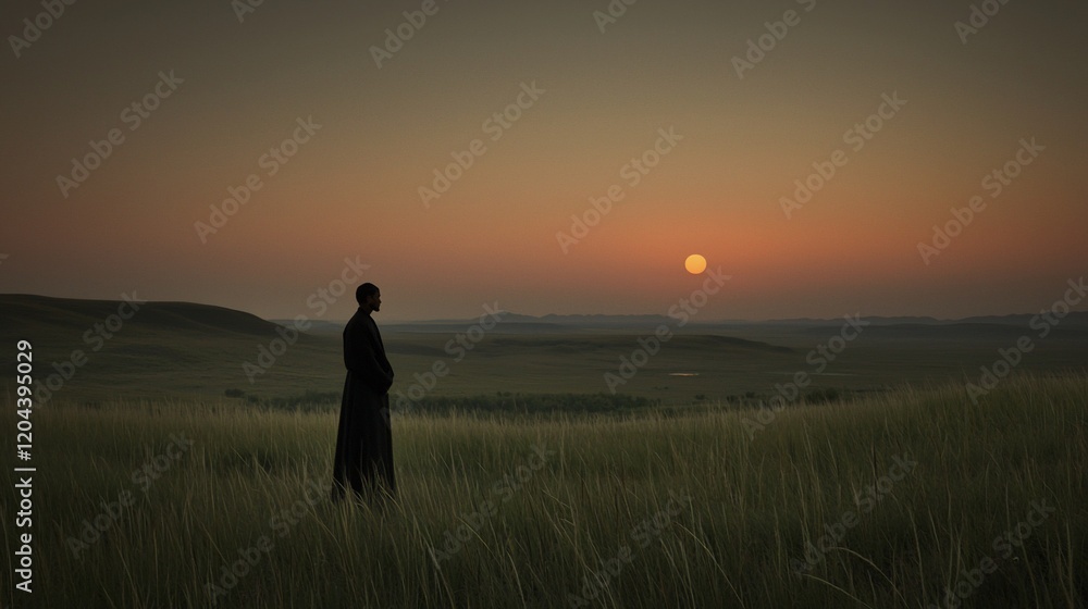 Fototapeta premium Solitary figure in tall grass at sunset, overlooking a vast landscape.